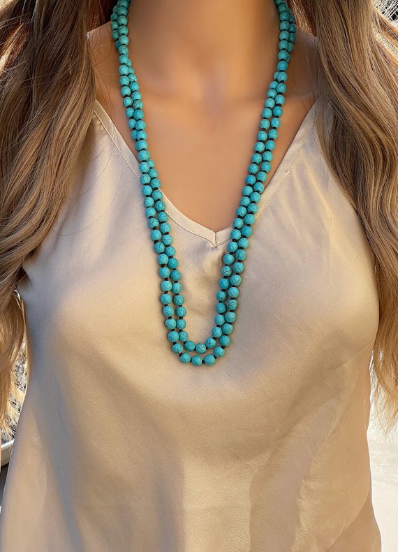 Extra Long Turquoise Bead Necklace Knotted Beaded Chain Faceted Turquoise Beads Double Wrap Necklace Tied Necklace Gift for Her Etsy Australia
