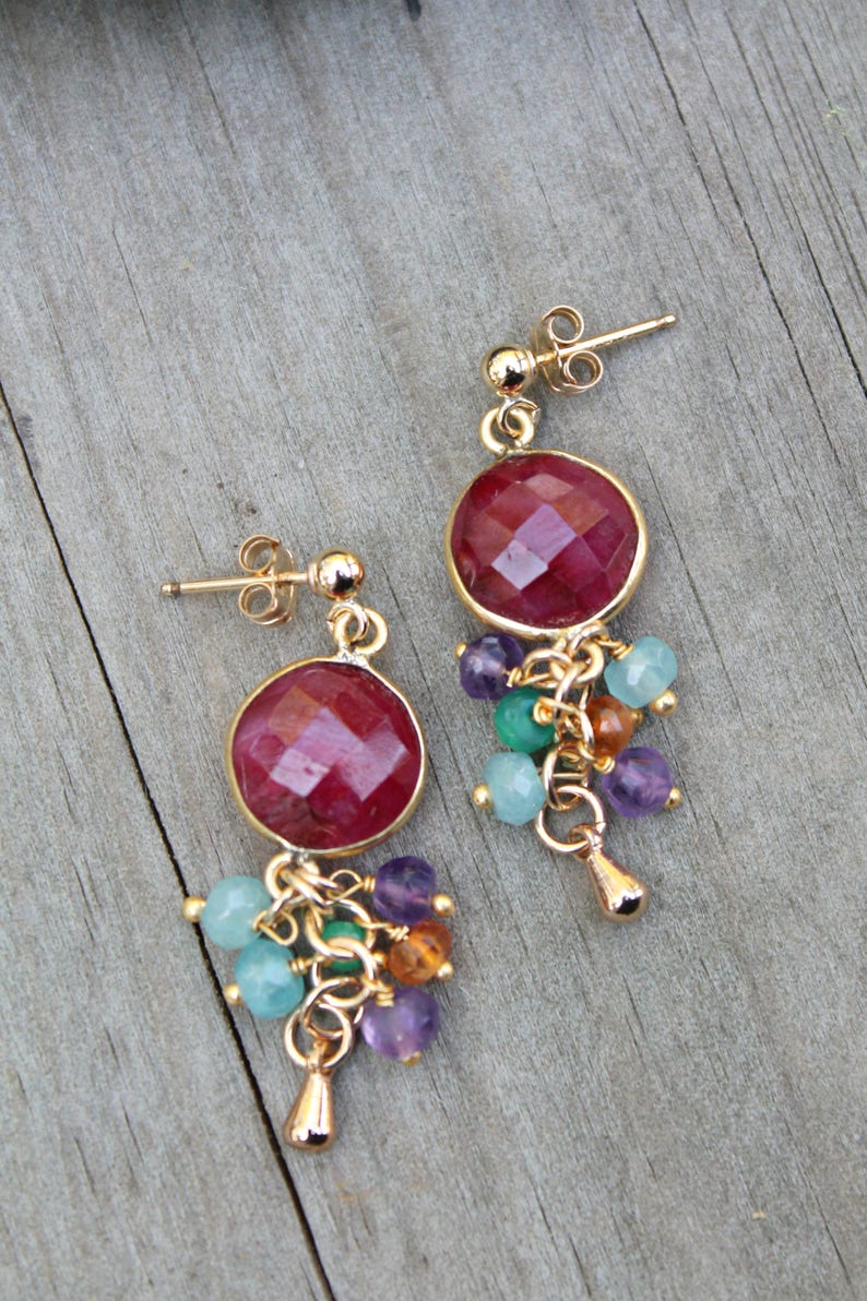 Gemstone Earrings Dyed Ruby & Multi Gemstone Bead Cluster - Etsy