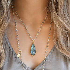 Labradorite necklace, large gemstone teardrop pendant, gold vermeil, beaded Labradorite rosary chain, grey blue, gift for her, statement