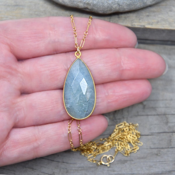 Milky Aquamarine necklace, large gemstone teardrop pendant, 14k gold filled, cable satellite Figaro chain, green-blue, long, gift for her