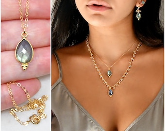 Labradorite necklace, teardrop pendant on 14k gold filled chain, dainty delicate minimal Labradorite jewelry, small pendant, gift for her