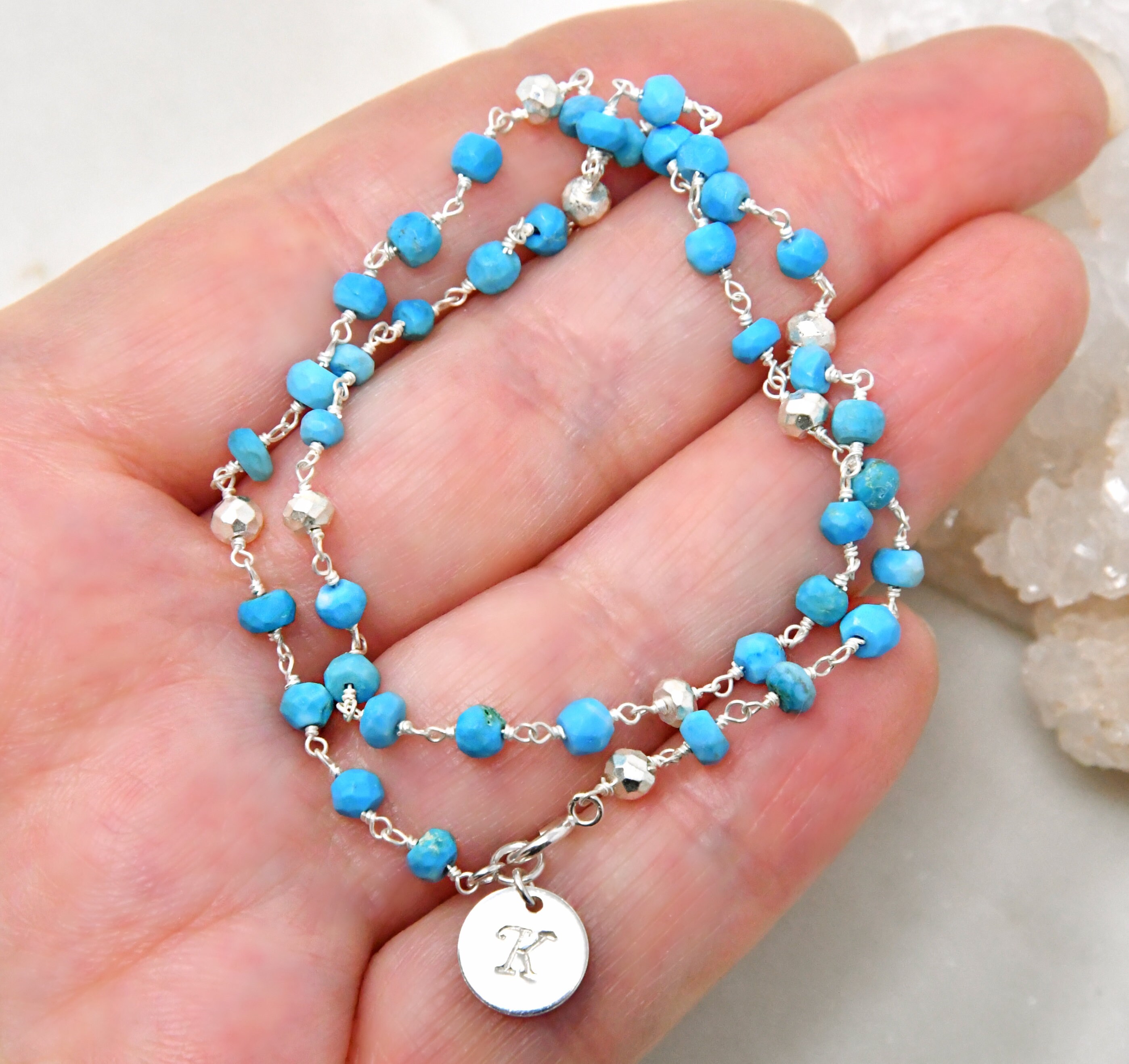 Personalized Turquoise Silver Wrap Bracelet Custom Stamped Etsy