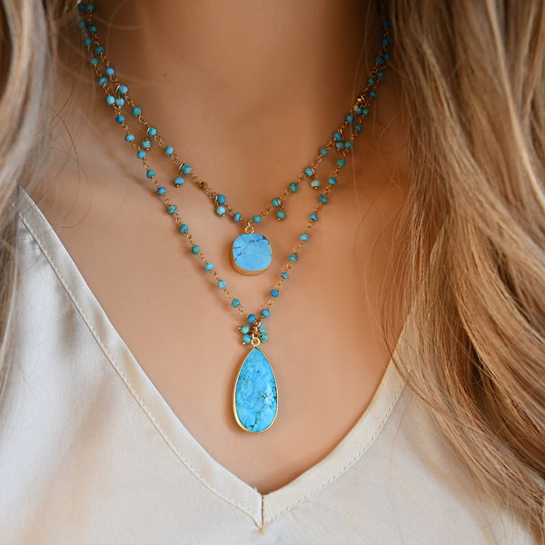 Turquoise necklace, genuine turquoise large teardrop pendant, beaded gemstone rosary chain, Boho Chic Bohemian, Gift for her, OnThisEarth