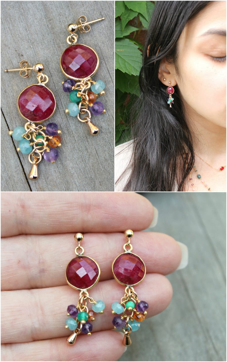 Gemstone Earrings Dyed Ruby & Multi Gemstone Bead Cluster Etsy