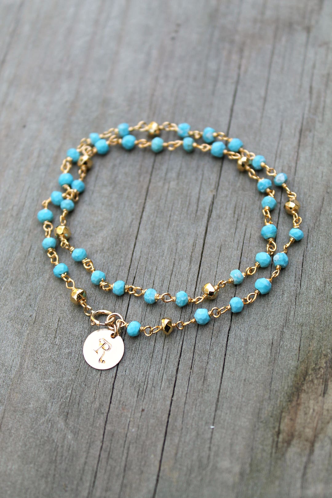 Deep Blue Turquoise Freeform Shaped With Gold Plated Bezel Beaded Wrap Bracelet