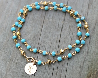 Turquoise wrap bracelet, Custom stamped initial disc, personalized beaded bracelet, Boho Chic turquoise coloured glass beads, rosary chain