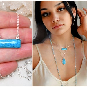 Turquoise bar necklace, silver bezel, vertical bar pendant, 925 sterling silver chain, turquoise jewelry, gift for her, turquoise jewelry