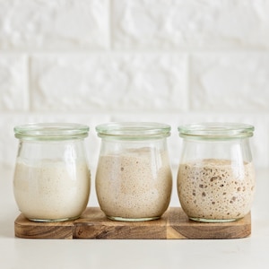 May include: Three glass jars with lids, filled with different stages of sourdough starter. The jars are arranged on a wooden board. The starter is a light beige color and has a bubbly texture.