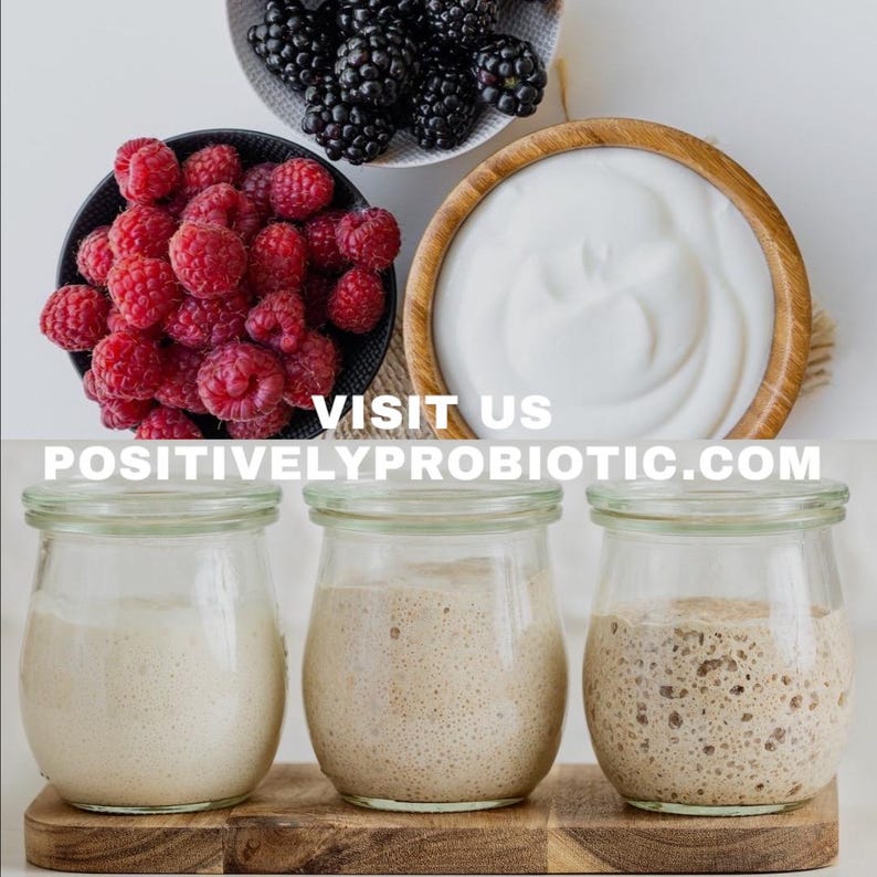 以下が含まれることがあります： 3つのガラス瓶に、異なる段階の自家製酵母が入っています。酵母は白、薄い茶色、濃い茶色です。瓶は木製の台の上に置かれています。瓶の下に「VISIT US POSITIVELYPROBIOTIC.COM」というテキストが表示されています。
