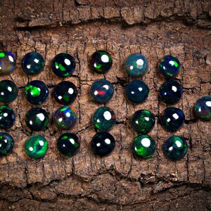 Puede incluir: Una colecci&oacute;n de 20 cabujones de &oacute;palo negro, cada uno con un brillo iridiscente verde y azul &uacute;nico, dispuestos sobre un trozo de corteza.