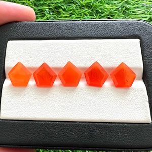 Peut inclure: Cinq pierres précieuses orange-rouge taillées en forme de pentagone sont présentées dans un écrin noir et blanc. Les pierres sont facettées et translucides, avec une finition polie. Elles sont disposées en rangée, mettant en valeur leur couleur vive et leur taille unique.
