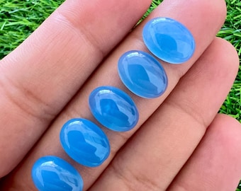 Blue Chalcedony Cabochons: Natural Gemstone Lot (10x14mm, 5 Pcs)