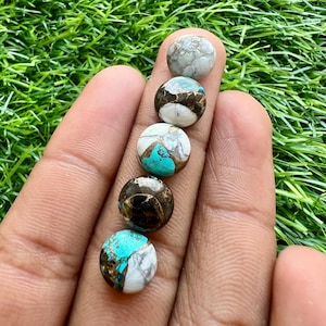 May include: Five round gemstone cabochons in a variety of colors, including turquoise, white, brown, and gray. The stones are held in a hand against a background of green grass. These stones could be used for jewelry making.