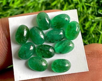 Zambian Emerald Cabochons: Natural Green Oval Gemstones, 6x4mm, 11 Pcs