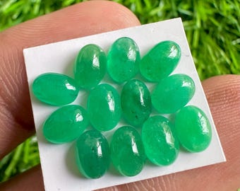 Natural Zambian Emerald Cabochons: Green Oval Gemstones 6x4mm, 12 Pcs Lot