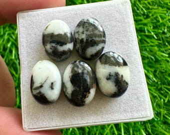 Könnte beinhalten: Fünf ovale Cabochon-Edelsteine mit einem weißen und schwarzen Marmormuster. Die Steine werden auf einem weißen Hintergrund präsentiert.