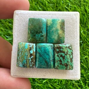Puede incluir: Cinco cabujones de turquesa en forma rectangular, expuestos sobre un fondo blanco. Las piedras tienen una variedad de patrones y tonos de azul y verde.
