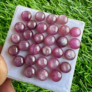 Può includere: Una collezione di 25 cabochon rotondi di rubino rosa. I cabochon sono lisci e lucidi, con un leggero bagliore.