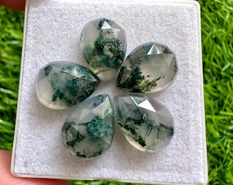 5 Pcs Moss Agate Cabochons: 10x14mm Pear Rose Cut Gemstones