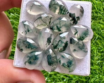 Moss Agate Cabochons: 8x12mm Pear Rose Cut, Flat Back