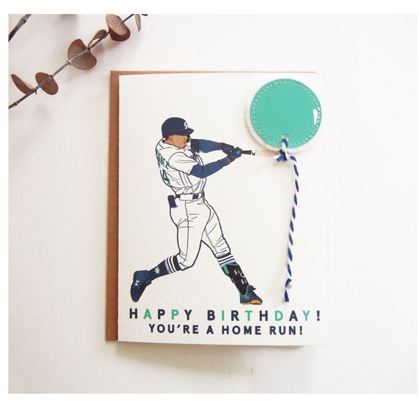 Julio Rodriguez Baseball Player Illustration Printed Card /  Seattle Mariners / Happy Birthday You're a Home Run! / Felt Applique Balloon