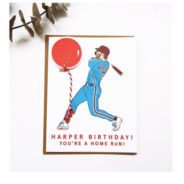 Bryce Harper Baseball Player Printed Illustration Card / Happy HARPER Birthday Balloon Card / Philadelphia Phillies / Felt Applique / #3