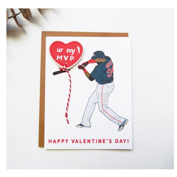 David Ortiz Valentine's Day Baseball Player Original Illustration Card / Boston Red Sox / U R MY MVP / Felt Heart Balloon / Big Papi / #34