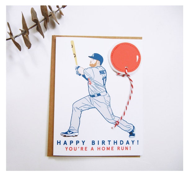 Max Muncy Baseball Player Illustration Printed Card / Felt Balloon Card / Happy Birthday! You're a Home Run! / Los Angeles Dodgers / #13