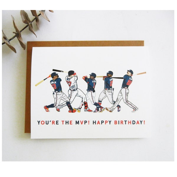 Atlanta Braves Team Birthday Baseball Players Illustration Card / You're The MVP! Happy Birthday! / Acuna Jr Riley Albies Harris Olson