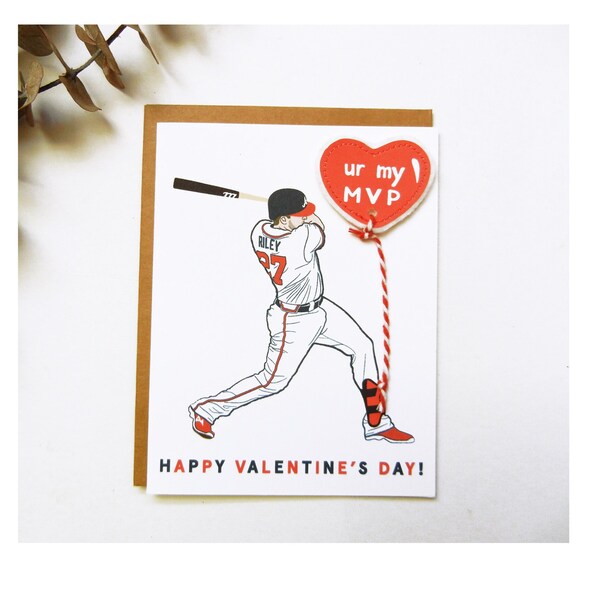 Austin Riley Valentine's Day Baseball Player Original Illustration Card / Atlanta Braves / U R MY MVP / Applique Red Heart Balloon /#27