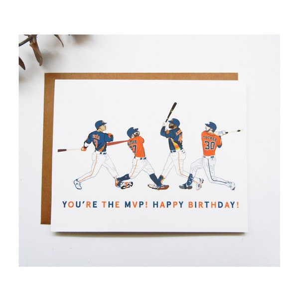 Houston Astros Team Birthday Baseball Players Illustration Card / You're The MVP! Happy Birthday! / Altuve / Tucker / Pena / Alvarez