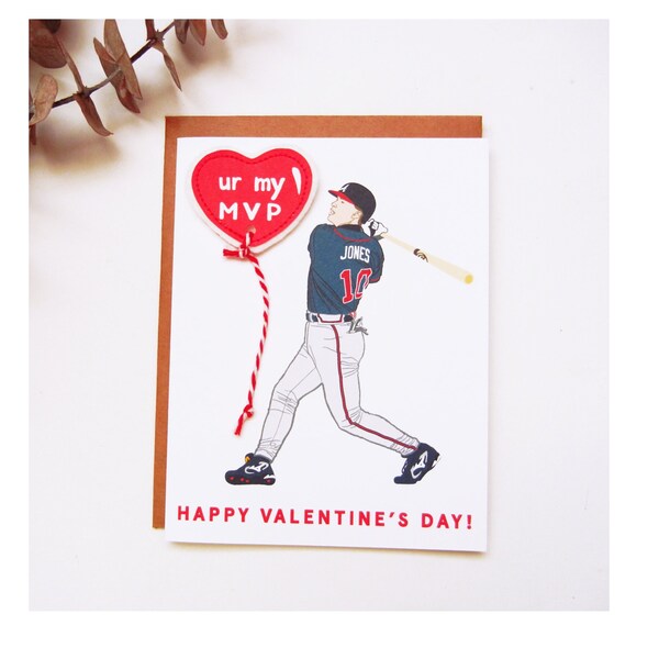 Chipper Jones Valentine's Day Baseball Player Original Illustration Card / Atlanta Braves / U R MY MVP / Applique Red Heart Balloon / #10