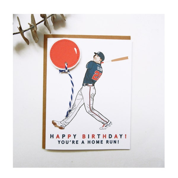 Matt Olson Baseball Player Illustration Printed Card / Atlanta Braves / Felt Balloon Card / Happy Birthday! You're a Home Run! / #28