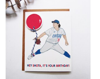 Shota Imanaga Jugador de Béisbol Ilustración Tarjeta Impresa / Globo / ¡Hola Shota! ¡Es tu cumpleaños! / Cachorros de Chicago / #18 / Japonés / Lanzador