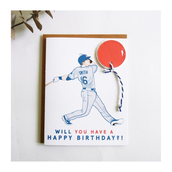 Will Smith Baseball Player Illustration Printed Card / Los Angeles Dodgers / Felt Balloon Card / WILL You Have Happy Birthday?! / #16