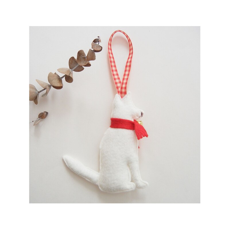 Siberian Husky White Dog Red Scarf Jingle Bells Wool Felt Ornament
