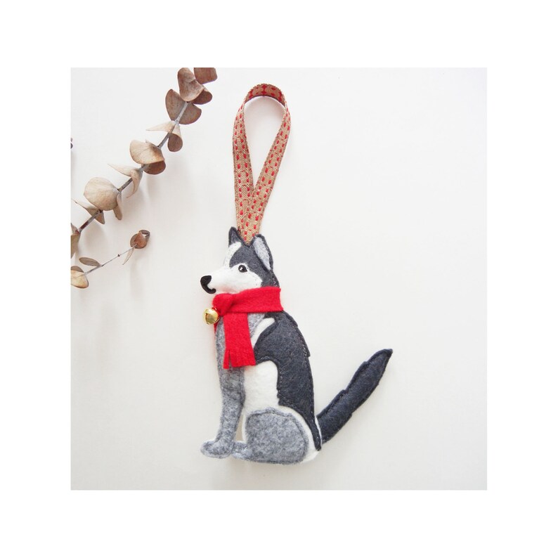 Siberian Husky White Dog Red Scarf Jingle Bells Wool Felt Ornament