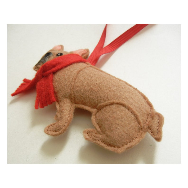French Bulldog Tan Fawn Dog Red Scarf Christmas Wool Felt Ornament