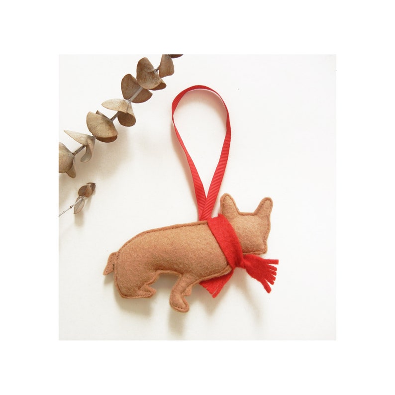 French Bulldog Tan Fawn Dog Red Scarf Christmas Wool Felt Ornament