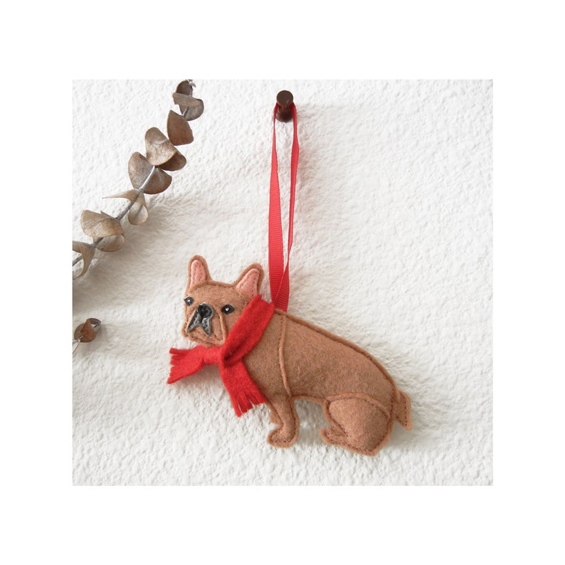 French Bulldog Tan Fawn Dog Red Scarf Christmas Wool Felt Ornament
