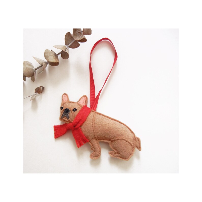 French Bulldog Tan Fawn Dog Red Scarf Christmas Wool Felt Ornament