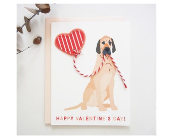 Great Dane Dog Valentine's Day Original Illustration Card / Striped Heart Balloon / Happy Valentine's Day! / Felt Heart Applique