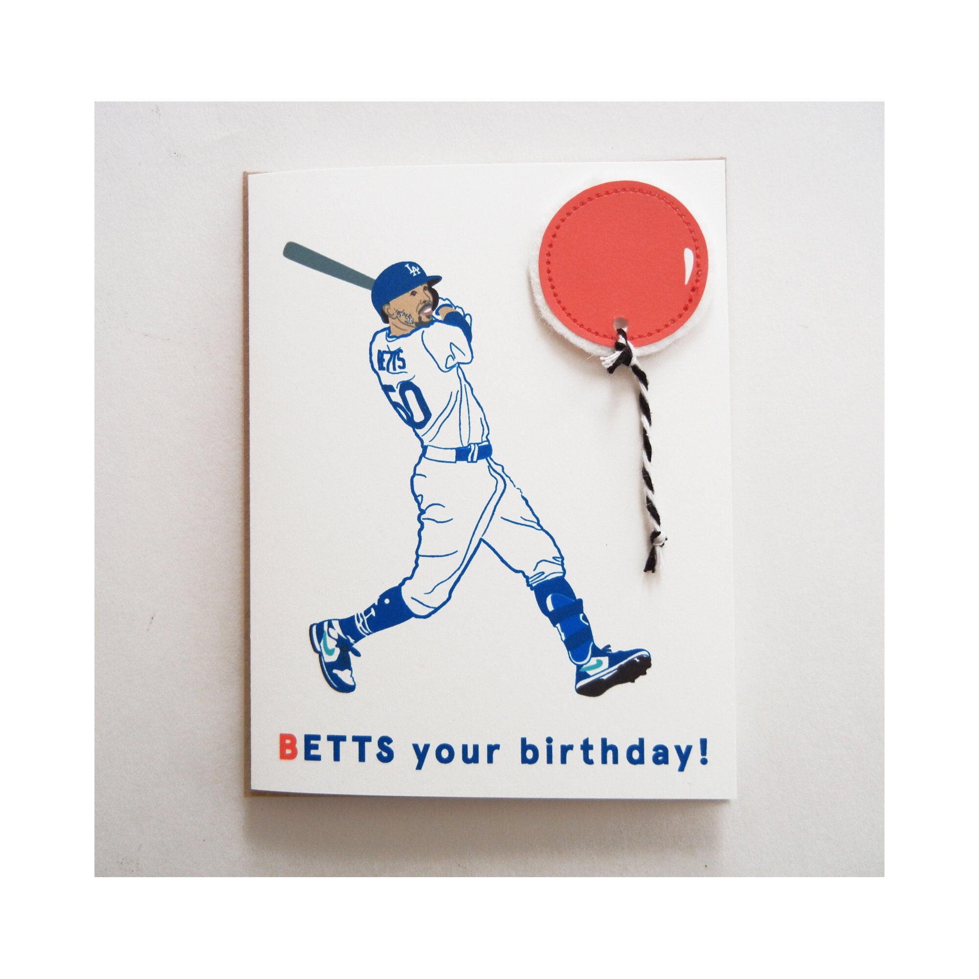 Birthday Balloon Card Printed Card Envelope Betts Your Birthday / LA Dodgers /Felt Applique Mookie Betts Baseball Player Illustration