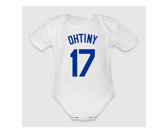 La Dodgers Ohtiny 17 Shohei Ohtani Combinaison pour bébé nouveau-né en coton bio / Gris chiné ou blanc / Unisexe / Baseball / 17 /