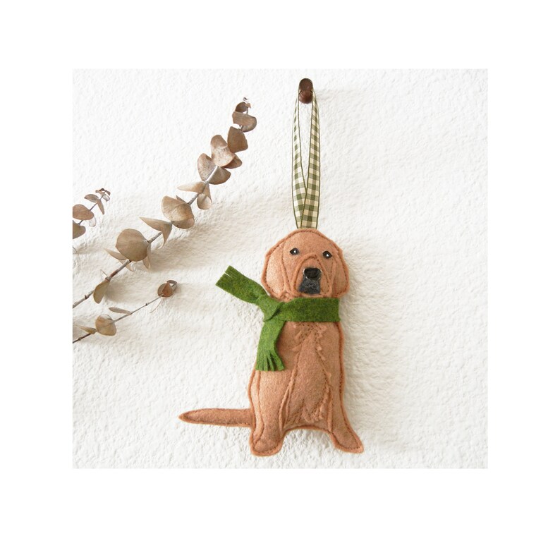 Golden Retriever Labrador Tan Dog Green Scarf Christmas Wool Felt