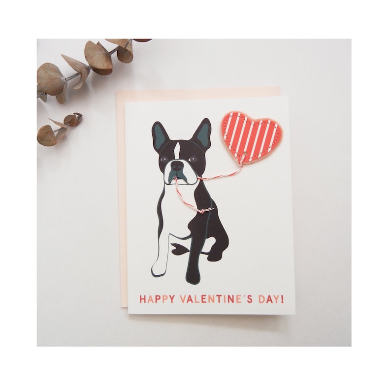 Felt Heart Applique Envelope I Love You Boston Terrier Dog Valentine/'s Day Card Heart Balloon Printed Card Happy Valentine/'s Day