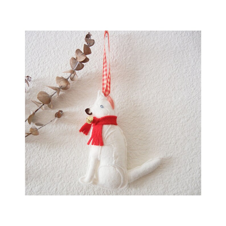 Siberian Husky White Dog Red Scarf Jingle Bells Wool Felt Ornament