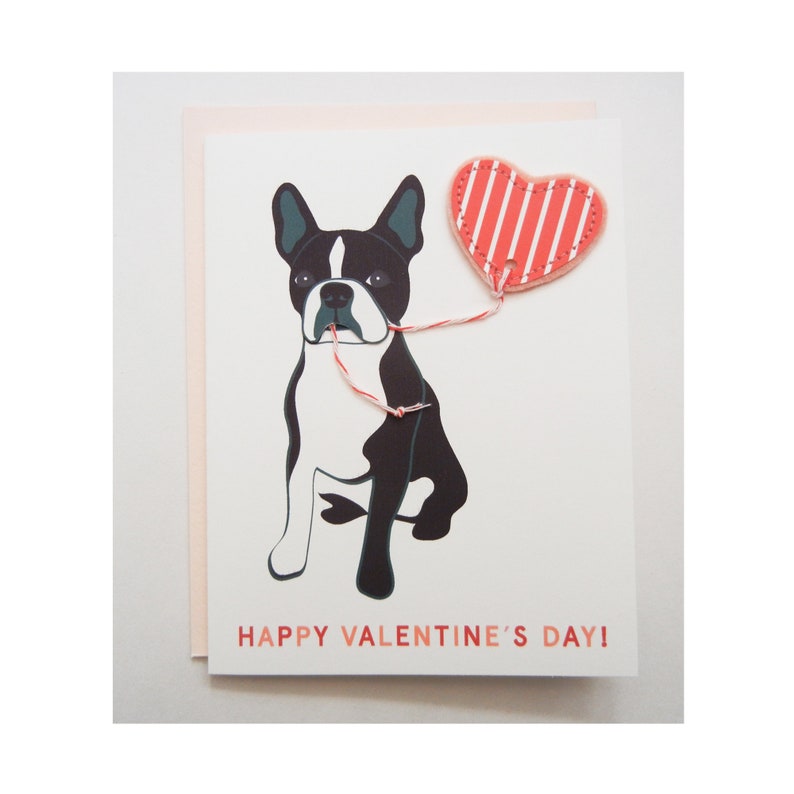 Felt Heart Applique Envelope I Love You Boston Terrier Dog Valentine/'s Day Card Heart Balloon Printed Card Happy Valentine/'s Day