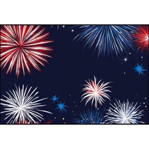 Puede incluir: Un fondo azul oscuro con múltiples fuegos artificiales en forma de estrella en rojo, blanco y azul. La imagen muestra grandes explosiones rojas y blancas a la izquierda, con patrones de fuegos artificiales más pequeños dispersos por el cielo.