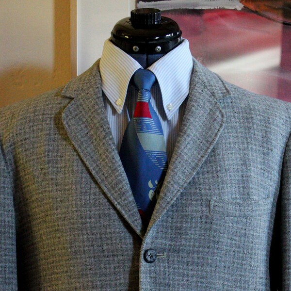 1950's-60's Gray Wool Tweed Checked Preppy Vintage Men's Sport Coat ROBERT HALL QUALITY Clothes Three Button Made in U.S.A., Size 39